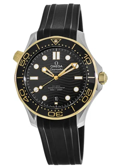Omega Seamaster Diver 300m Automatic Black Dial 18k Yellow Gold Bezel Rubber Strap Men's Watch 210.22.42.2
