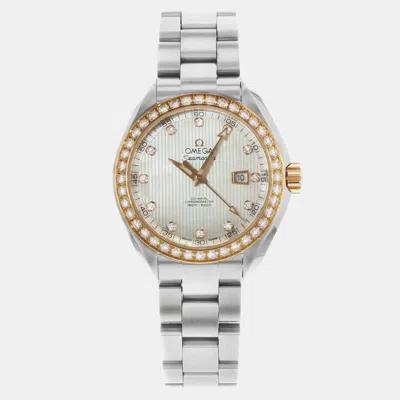 Pre-owned Omega Seamaster Mop Dial Diamonds Steel Automatic Watch 34 Mm In White