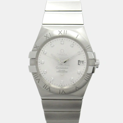 Pre-owned Omega Silver Diamond Stainless Steel Constellation 123.10.35.20.52.001 Automatic Women's Wristwatch 35 Mm
