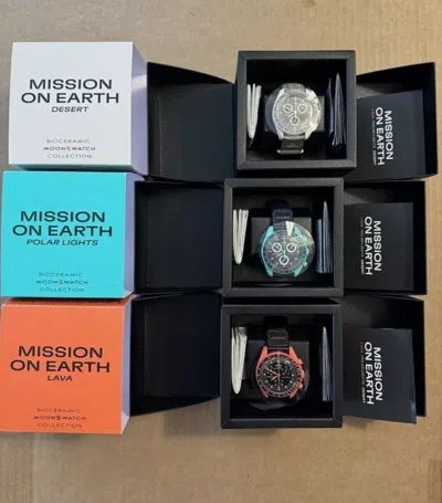 Pre-owned Omega Swatch X  Bioceramic Moonswatch Earth Full Set 3 - Polar Light Lava Desert