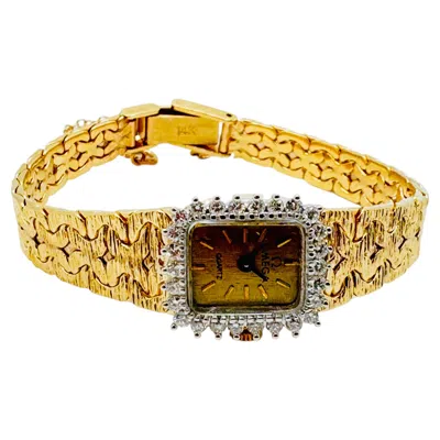 Pre-owned Omega Vintage  Diamond Quartz Watch In 14k Yellow Gold With Bark-textured