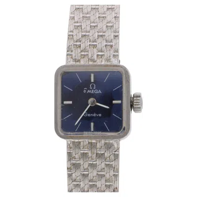 Pre-owned Omega Vintage  Geneve Ladies 18k White Gold Blue Dial Square Mesh Bracelet Watch