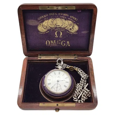 Pre-owned Omega Vintage  Silver Pocket Watch With Chain And Presentation Case In Black