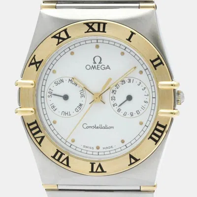 Pre-owned Omega White 18k Yellow Gold Stainless Steel Constellation 396.1070 Quartz Men's Wristwatch 33 Mm