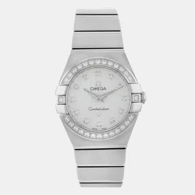 Pre-owned Omega White Mop Stainless Steel Constellation Quartz Women's Wristwatch 24 Mm