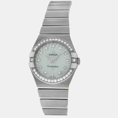 Pre-owned Omega White Mop Stainless Steel Diamond Constellation 123.15.27.60.55.002 Quartz Women's Wristwatch 27 Mm