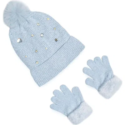 Omg Accessories Kids'  Faux Fur Pompom Heart Chenille Beanie & Gloves Set In Blue