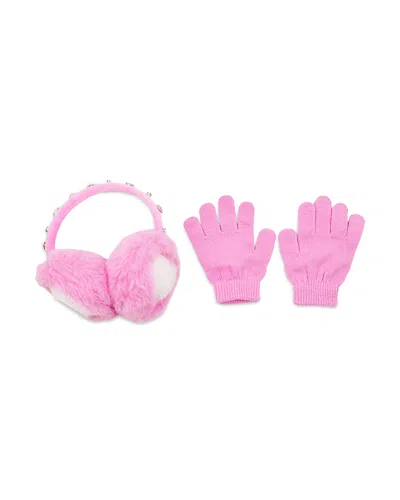 Omg Accessories Girls' Heart Faux Fur Earmuffs & Gloves Set - Big Kid In Pink