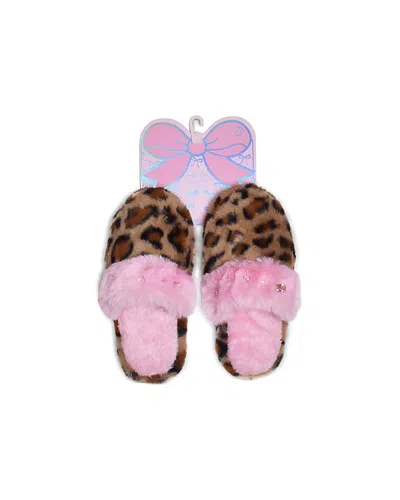 OMG ACCESSORIES GIRLS' LEOPARD PRINT GEM EMBELLISHED FAUX FUR PLUSH SLIPPERS