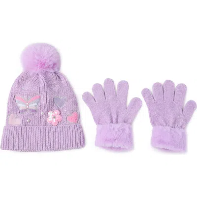 Omg Accessories Kids' Butterfly Faux Fur Trim Pompom Beanie & Gloves Set In Purple
