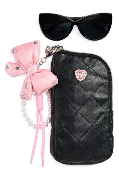 Omg Accessories Kids' Cat Eye Sunglasses & Heart Zip Around Case Set In Black