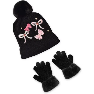 Omg Accessories Kids' Faux Fur Pompom Bow Gem Chenille Beanie & Gloves Set In Black