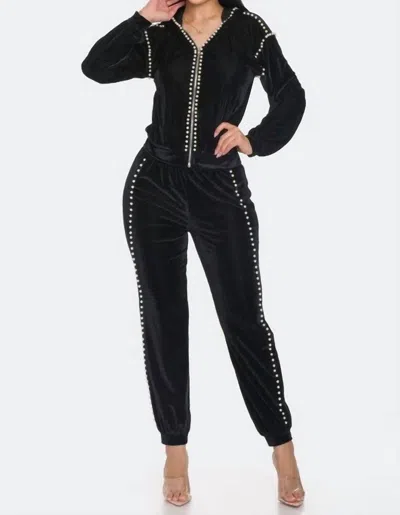 Omg Styles Ribbed Pearl Trim Velour Jogger Set With Hoodie In Black