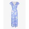 OMNES OMNES WOMENS BLUE FLORAL WOOLF V-NECK SHORT-SLEEVE RECYCLED-POLYESTER MIDI DRESS