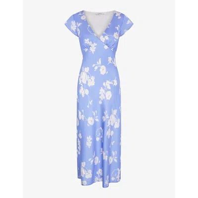 Omnes Womens Blue Floral Woolf V-neck Short-sleeve Recycled-polyester Midi Dress