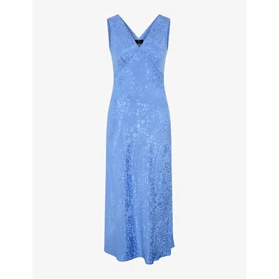 Omnes Womens Blue Jacquard Iris V-neck Sleeveless Woven Maxi Dress