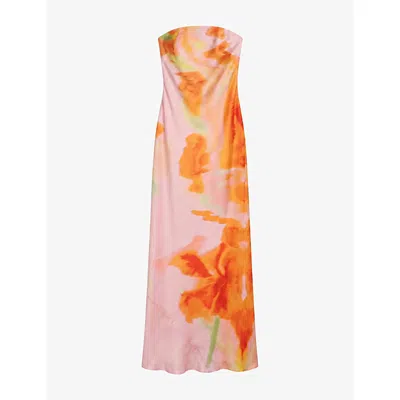 Omnes Womens Amdra Glitched Floral Placement Strapless Satin Maxi Dress Pink Floral
