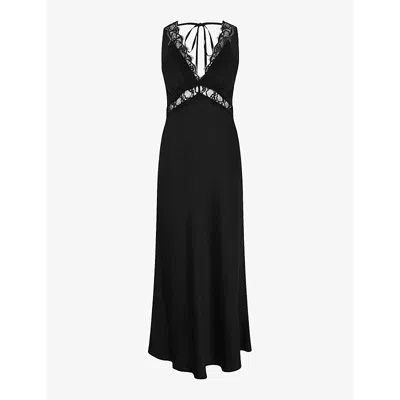 Omnes Womens Black Aurelia V-neck Lace-embroidered Recycled-polyester Maxi Dress