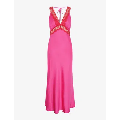 Omnes Womens Cerise Aurelia V-neck Lace-embroidered Recycled-polyester Maxi Dress