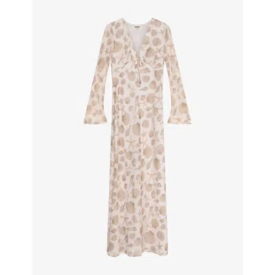 Omnes Womens Beige Shell Print Marj Flute-sleeve V-neck Woven Maxi Dress In White