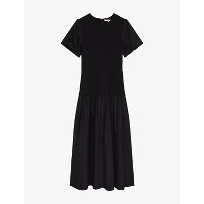 Omnes Womens Black Aria Shirred-bodice Cotton Midi Dress