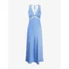 Omnes Womens Blue Aurelia Lace-trim Satin Maxi Dress In Blue