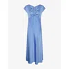 Omnes Womens Blue Lovette Key-hole Cap-sleeve Satin Maxi Dress
