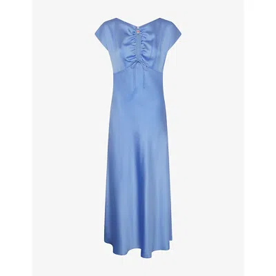 Omnes Womens Blue Lovette Key-hole Cap-sleeve Satin Maxi Dress