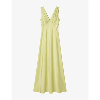 Omnes Womens Casey V-neck Satin Maxi Dress Shadow Lime