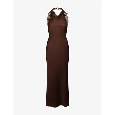 Omnes Womens Chocolate Benita Halterneck Satin Maxi Dress In Brown