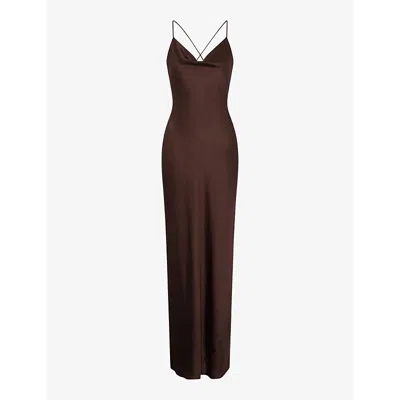 Omnes Womens  Ginny Cowl-neck Recycled-polyester Satin Maxi Dress In Chocolate