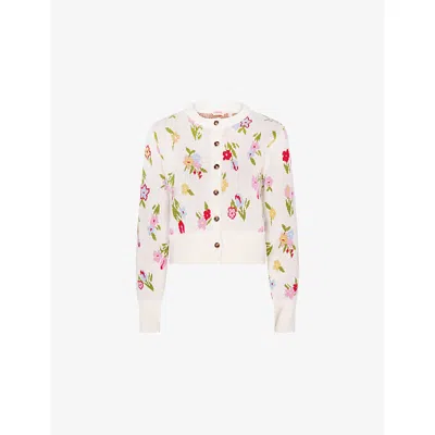 Omnes Womens Cream Flynn Floral-intarsia Cotton-knit Cardigan
