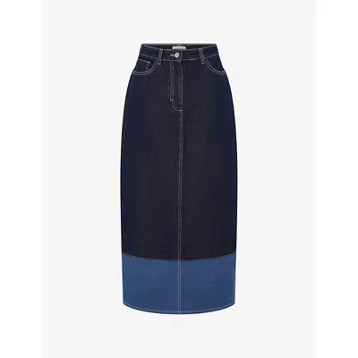 Omnes Womens Dark Wash Blue Chicago Contrast-panel Denim Maxi Skirt