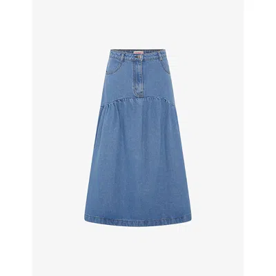 Omnes Womens Light Wash Ellie-may Gathered-seam High-rise Denim Midi Skirt In Brown