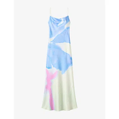 Omnes Womens Ginny Glitched Floral Placement Satin Maxi Dress Mint Floral