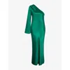 Omnes Womens Green Charlee Asymmetric Satin Maxi Dress In Green