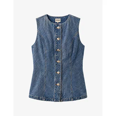 Omnes Womens Inez Button-through Cotton Denim Waistcoat Light Wash