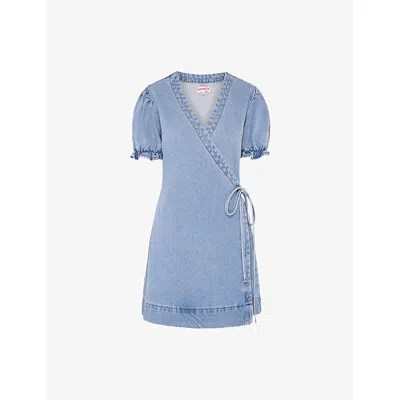 Omnes Womens Light Wash Blue Mikayla Wrap-front Frill-cuff Denim Mini Dress