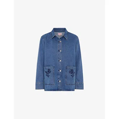 Omnes Womens Mid Wash Blue Magnus Floral-embroidered Denim Overshirt
