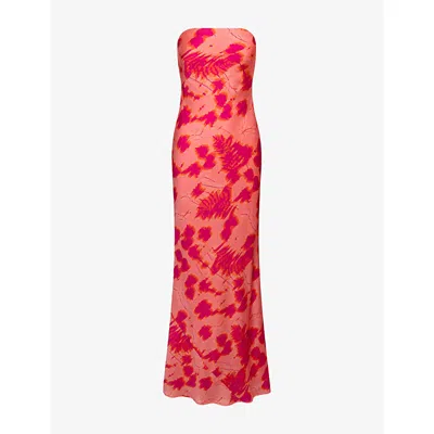 Omnes Womens Pink Sunset Blur Amdra Printed Strapless Satin Maxi Dress In Red