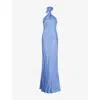 Omnes Womens Arles Floral-print Halterneck Satin Maxi Dress Blue In Blue