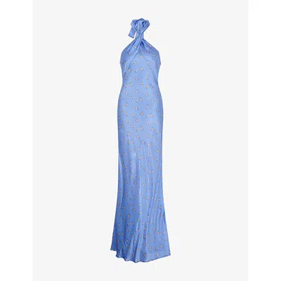 Omnes Womens Arles Floral-print Halterneck Satin Maxi Dress Blue