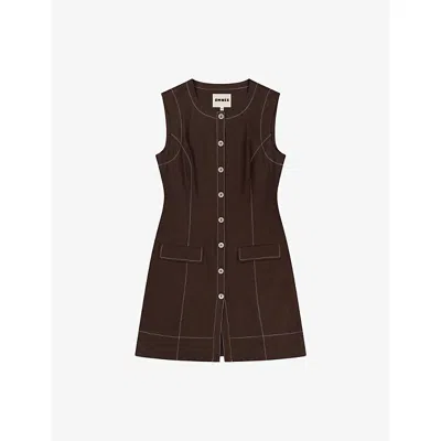 Omnes Womens Chocolate Raphi Button-front Linen-blend Mini Dress In Brown