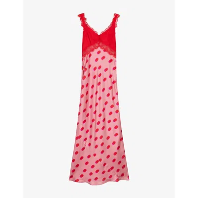 Omnes Womens Pink / Red Polka Dot Allie Polka-dot Satin Maxi Dress