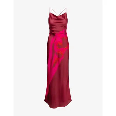 Omnes Womens Red / Pink Floral Ginny Floral-print Satin Maxi Dress