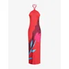 Omnes Womens Andy Halterneck Satin Maxi Dress Tulip Collage Print