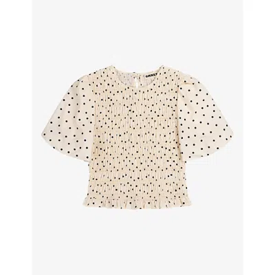 Omnes Womens White Polka Dot Nicolla Shirred-bodice Linen-blend Top In Brown