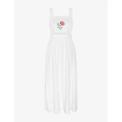 Omnes Womens White Rosabella Floral-embroidered Cotton Midi Dress