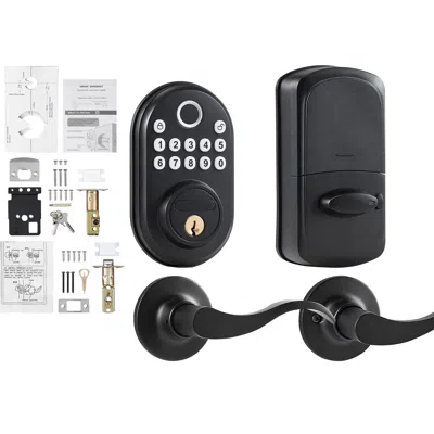 O-moshon Fingerprint Door Lock With Level Handles, Fingerprint/keypad Code/key, One-time And Anti-peeking Pas In Black