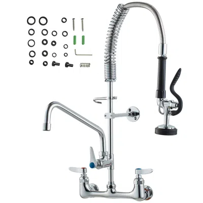 O-moshon Wall-mounted Kitchen Faucet, 25" Tall, 8" Center Distance, 12" Rotatable Spout, Includes Pre-rinse S In Silver